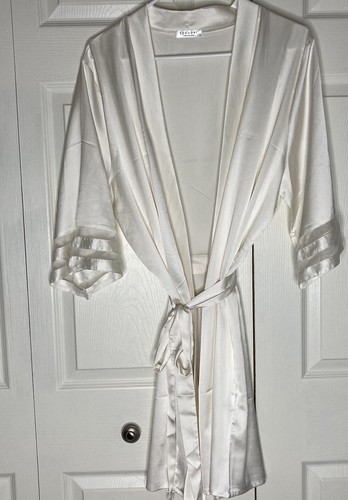Ekouaer Mujer Blanco Marfil Corto Kimono Envolvente Bata Satén Cinturón Corbata Talla XL - Imagen 5 de 6
