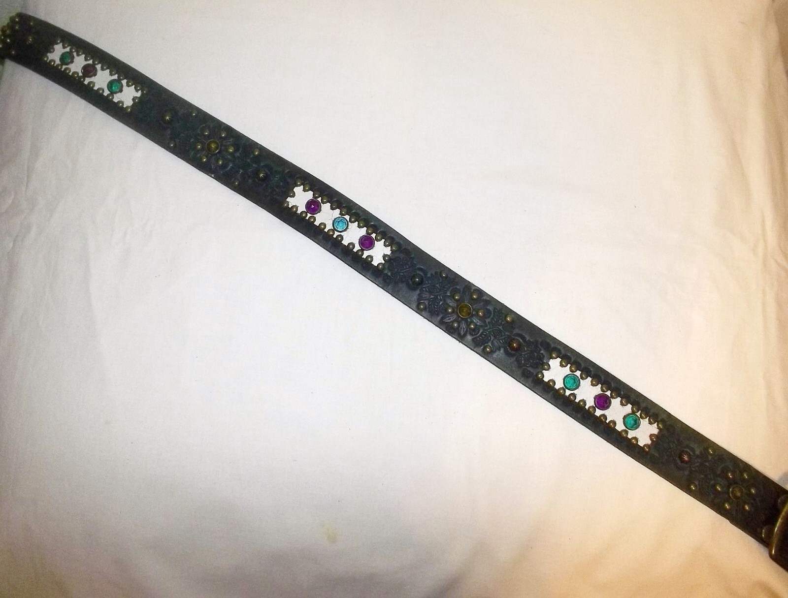Vtg Brass STUDDED Tooled JEWELED Rockabilly LEATHER Biker BELT Buckle~Not RRL - Picture 10 of 13