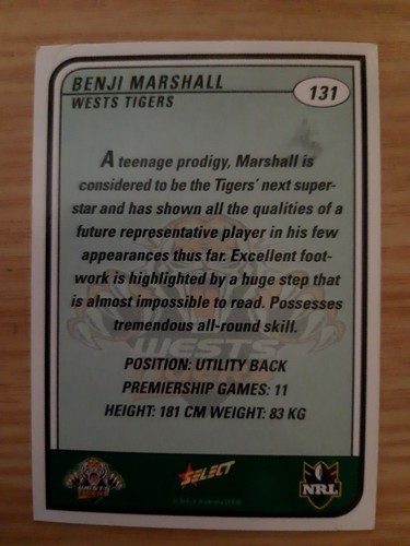 NRL 2005 Select Wests Tigers Benji Marshall Trading Card RARE - Bild 2 von 2