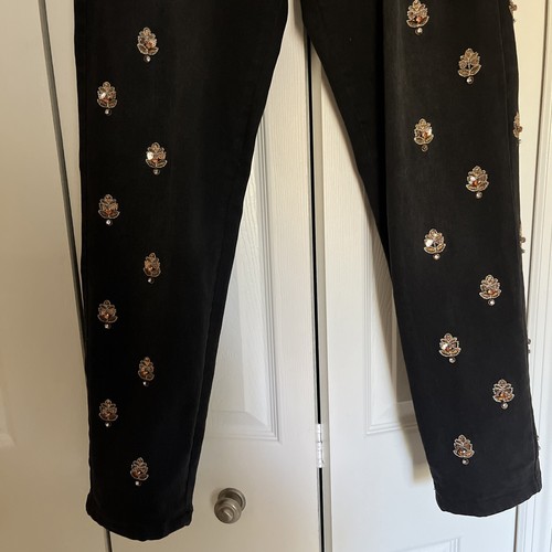 Pantalones de mezclilla elásticos V Cristina ~ hojas lentejuelas doradas y plateadas adornadas con carbón talla 12 - Imagen 2 de 11