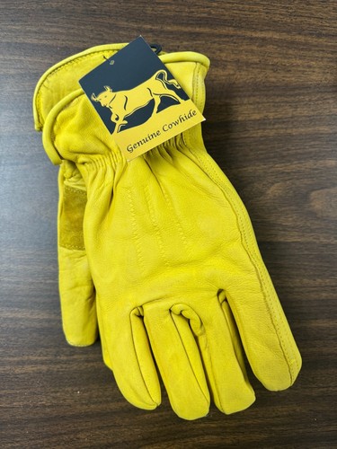 Men's Cowhide Leather Work Gloves – Yellow with Black Lining, Large - Picture 2 of 3
