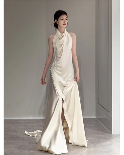 Simple Sheath High Neck Wedding Dresses Silk Satin Beach Ruched Bride Gowns - Picture 2 of 9