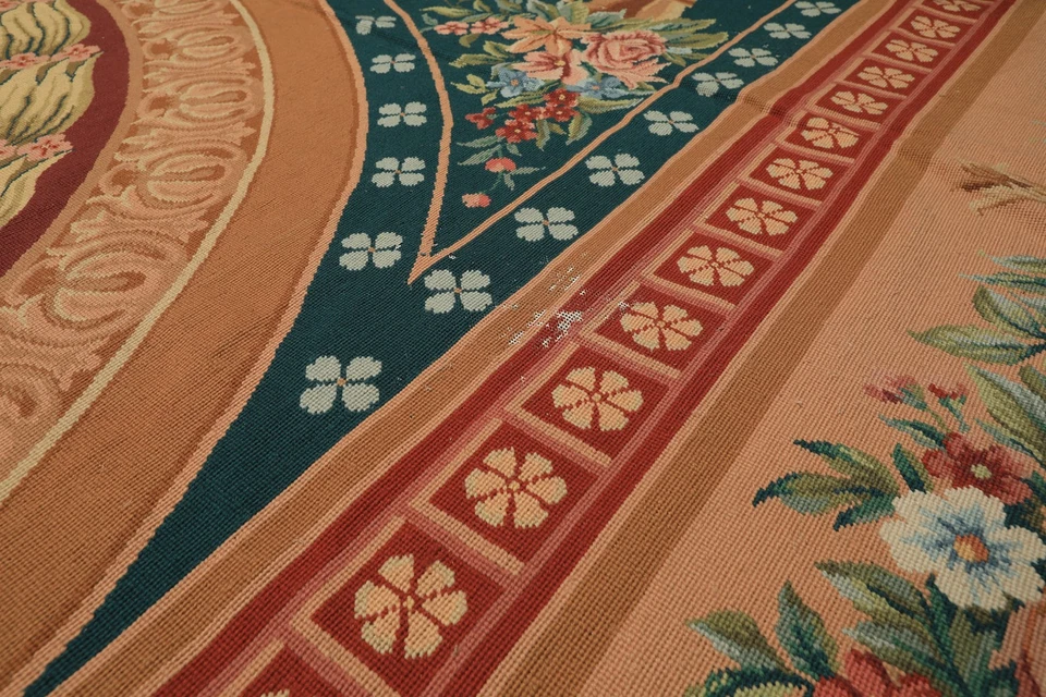 Alfombra de punta de aguja Aubusson francesa tejida a mano de lana verde azulado tejido plano 11'9''x15'8"" Foto 4 de 4