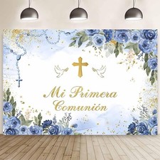 7x5ft Mi Bautizo Backdrop for Boy Blue Floral Mi Primera Comunion Baptism Dec...