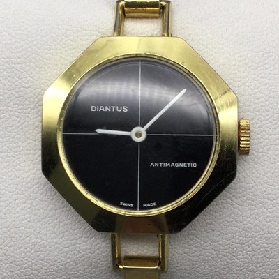 Vintage Diantus Swiss Womens Watch 27mm Black Dial Bangle Manual Wind 6.5''