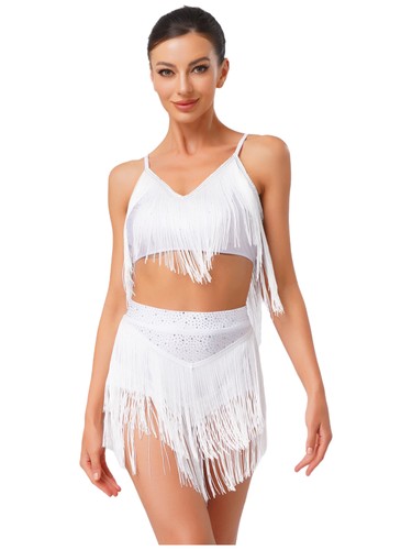 Women Fringe Latin Belly Dance Costume Fringe Crop Top with Tiered Tassels Skirt - Picture 47 of 98