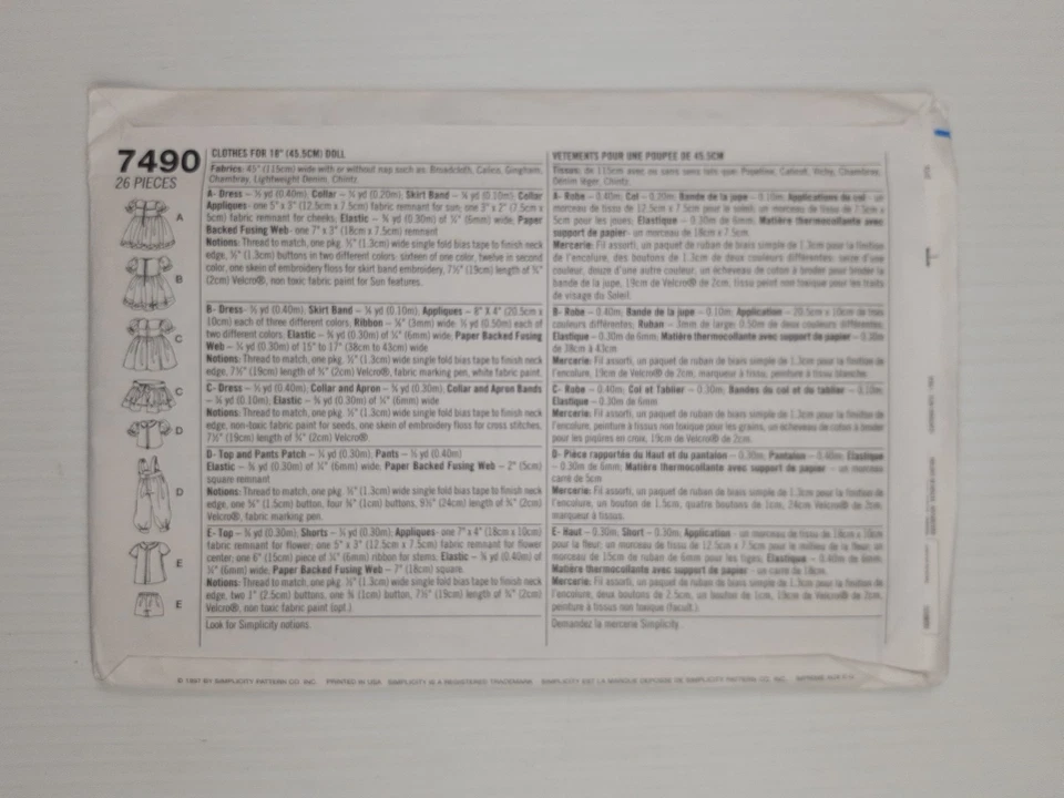 Simplicity Sewing Pattern 7490 Dolls Clothes 5 styles Pattern Size 18" Uncut FF - image 2 of 2