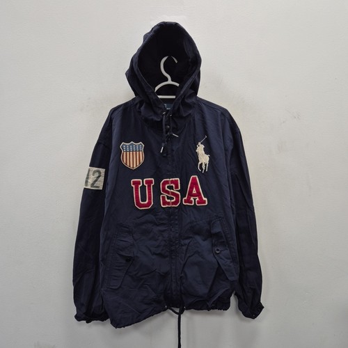 Ralph Lauren Polo Vintage USA Flag Patches Big Pony Navy Hood Bomber Jacket XXL
