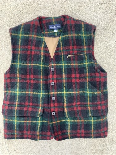Vintage 80er 90er Polo Ralph Lauren karierte Wolle Jagd Weste Gr. L Country