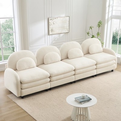 Modular Sofa 4 Seater w/Curved Backrest & Cloud-Like Cushion, Beige White