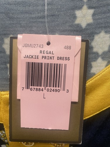 Vestido Juicy Couture Para Mujer Seda Regal Jackie Estampado Geométrico Talla L Amarillo Azul Marino - Imagen 7 de 9