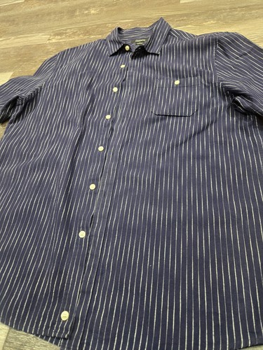 Liz Claiborne Large Button Down Dress Shirt Short Sleeve Navy Blue White Stripe