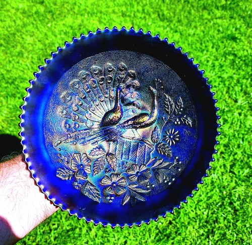 CARNIVAL GLASS STIPPLED PLATE PEACOCKS NORTHWOOD ELECTRIC BLUE wont find better - Picture 12 of 18