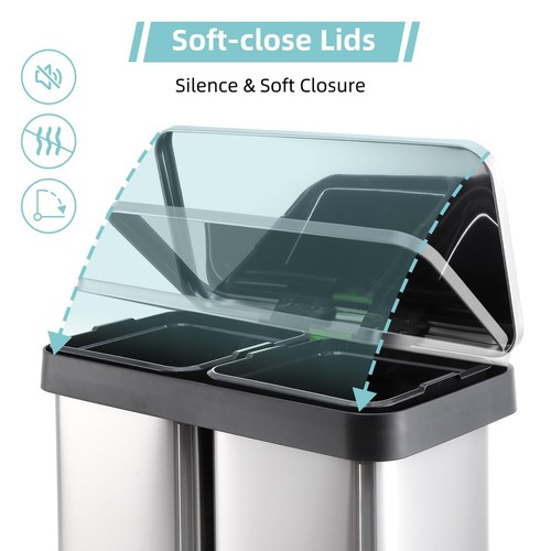 Dual Trash Can 19 Gallon Pedal Rubbish Bin Soft-Close Lid Kitchen Garbage Can - Picture 5 of 7