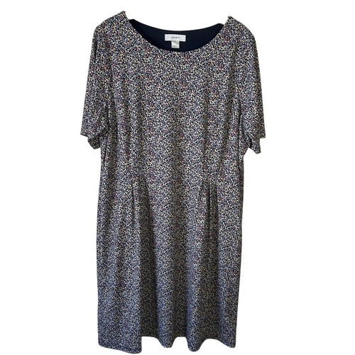 CJ Banks Navy Ditsy Floral Cottagecore Lined Pleated Short Sleeve Midi Dress 1X
