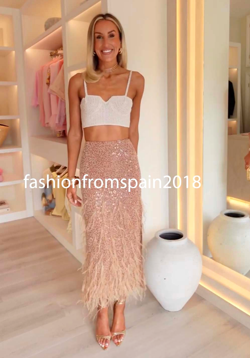 ZARA NEW WOMAN MID-RISE MIDI SEQUIN FEATHER SKIRT SLIT BROWN S,M,L