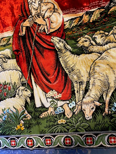 The Good Shepard Jesus Christ Sheep Vtg Velour Wall Rug Tapestry 48" x 64" MCM - Picture 7 of 14