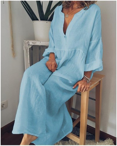 Summer Women's Large Size Cotton Linen Long Sleeve V-Neck Large Swing Dress - Picture 32 of 45