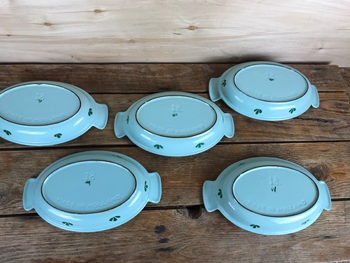 Vintage DRU Holland Set of 5 #18 CAST IRON ENAMEL Gratin Dish Green Tulip - Foto 14 di 20