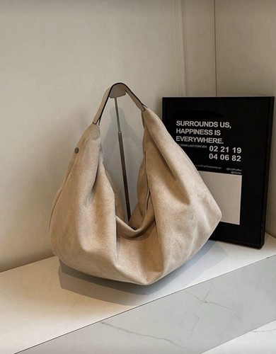 Lässige Hobo Bag Wildleder beige groß Beuteltasche Schultertasche Luxus Designer Trendy - Bild 7 von 8