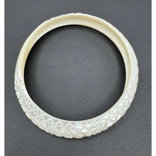 Vintage Hand Carved Mother of Pearl Shell Iridescent Bangle Cuff Bracelet