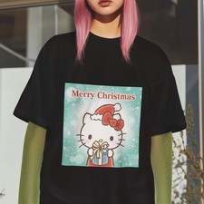 Cute Cartoon Cat Hello Kitty Santa Christmas T-Shirt Gift Box Kawaii Holiday Tee
