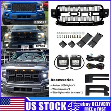 Front Grille For 2018-2020 Ford F150 Raptor Style Grill W/2Side Lights & Letters
