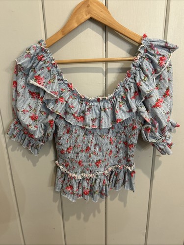 Free People Bluse Größe Small Lieblings Mädchen Oberteil Bonbon Kombi Puffärmel Blumenmuster - Bild 9 von 11