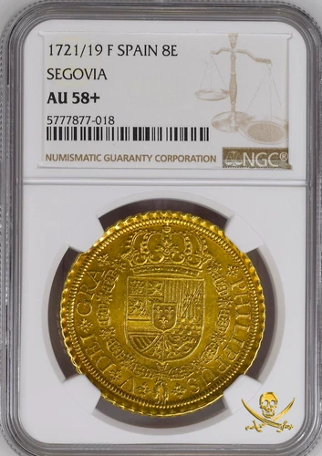 FINEST KNOWN! SPAIN 8 ESCUDOS 1721/19 "RARE- SEGOVIA MINT" NGC 58 PIRATE GOLD CO