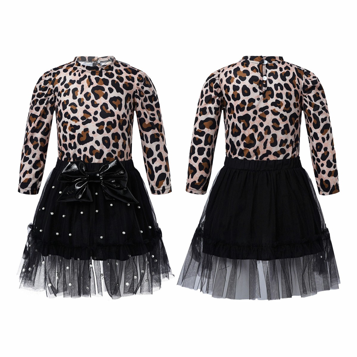2Pcs Kids Girls Leopard Print Tops Tutu Skirts Sets Mesh Long Sleeve Spring  Suit