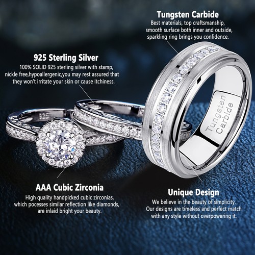 Wuziwen Couple Wedding Engagement Ring Set For Him Her Women Men Tungsten Bands - Picture 10 of 54