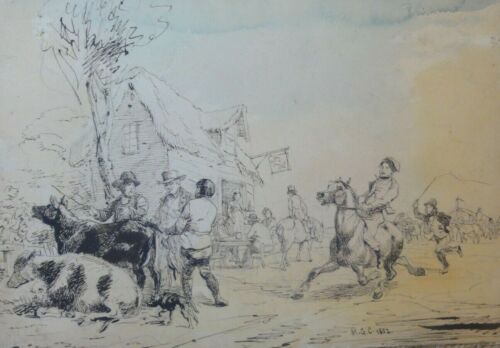 "The Fair " Antique Drawing signed M.G.C. , Cattle, Horses, Pub