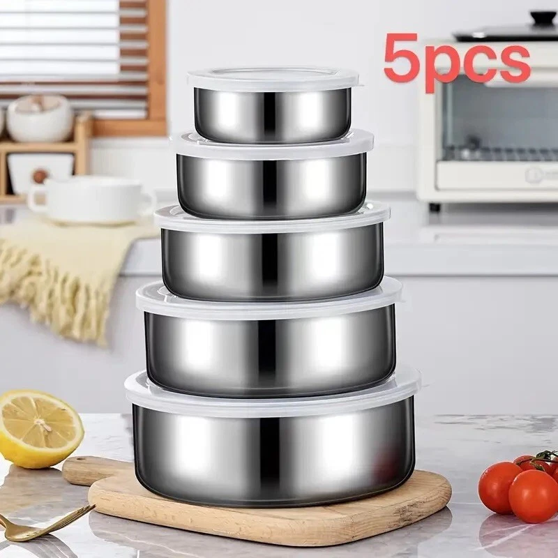 5-Piece Stainless Steel Food Storage Container Set with Clear Lids Reusable
