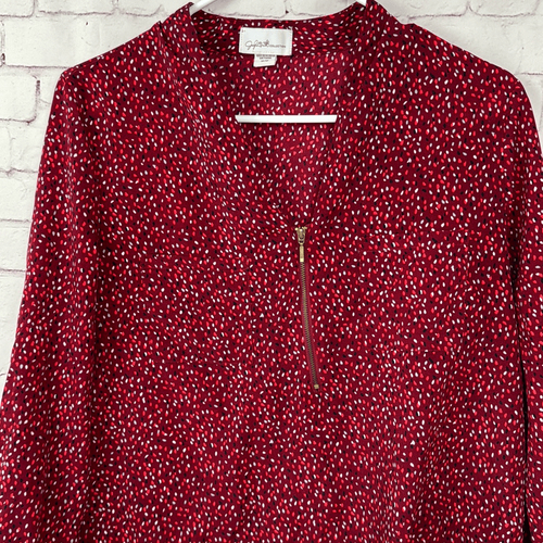 Jaclyn Smith Shirt Womens Medium M Blouse Top 3/4 Sleeve Zip Front Printed Red - Picture 3 of 11
