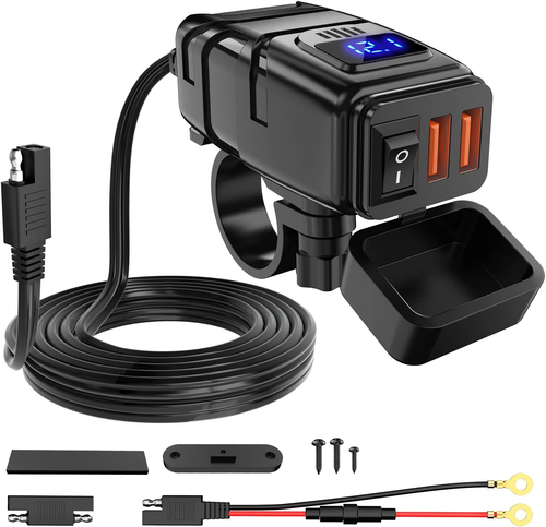 Motorcycle Charger With 12V Voltmeter On/Off Switch SAE USB Waterproof QC3.0 Fas