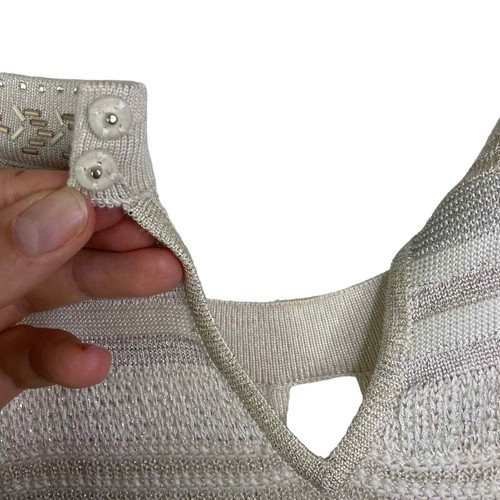 White House Black Market Women Top Beaded Knit Metallic White Tan Sleeveless XS - Picture 5 of 12