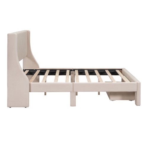 Modern Full Size Velvet Upholstered Platform Bed Frame W/ Big Drawer Beige NEW - Picture 6 of 9