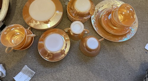 Anchor Hocking Fire King Peach Lustre Cups Saucers, 1 Large Plate And Sugar Bowl - Picture 5 of 9