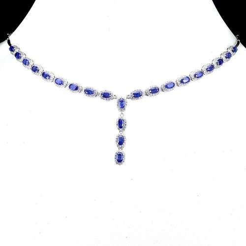 Silver Necklace Sapphire Genuine Mined Gems Solid Sterling 17 1/2 to 19 1/2 Inch