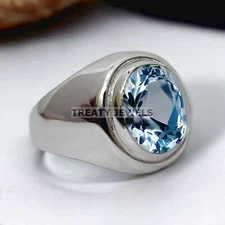 Aquamarine Oval Cut Gemstone With 925 Sterling Silver Ring For Men's #210