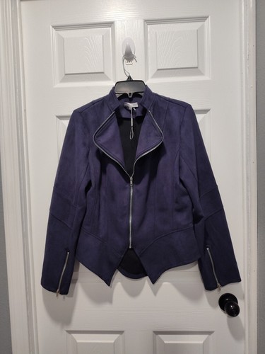 Solitaire Moto Jacket Womens MEDIUM Navy Blue Faux Suede Full Zip Lux NWOT - Picture 1 of 10