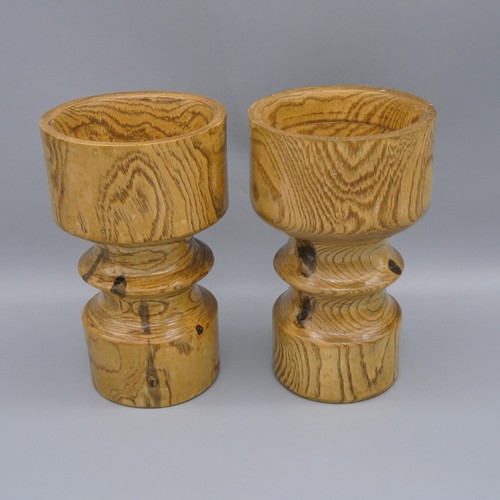 2 Candelabros Pilar Madera Necana Vintage Girados a Mano Rústicos Gruesos Firmados 6.5" - Imagen 5 de 14