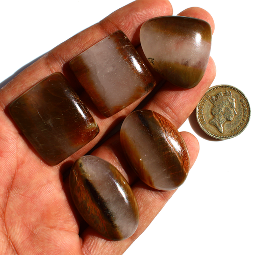 5 Pcs Natural Cacoxenite Rutilated Quartz 26mm-35mm Cabochon Loose Gemstones Lot - Picture 4 of 13