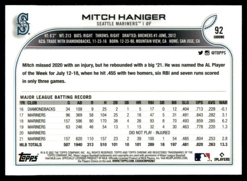 2022 Topps Chrome #92 Mitch Haniger - Picture 6 of 6