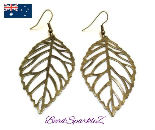 Large Bronze Leaf Earrings Simple Boho Nature Leaves Hippie Ladies Jewellery - Picture 1 of 9