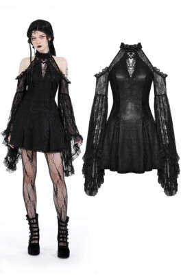DARK IN LOVE Women Black Gothic Lost Girl Cold Shoulder Short Lace Party Dress