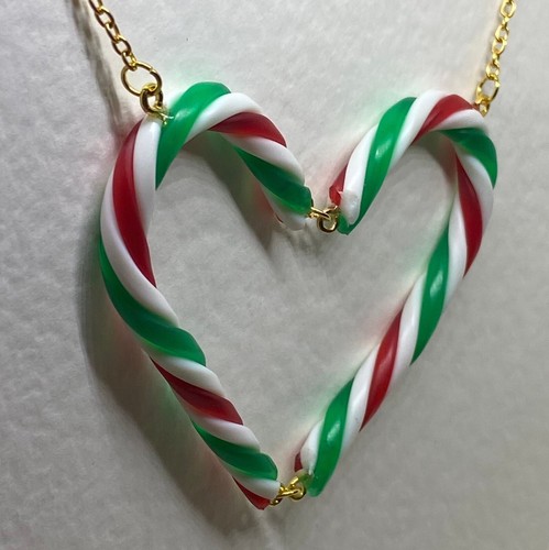 Christmas Candy cane Necklace. Red Green Necklace Pendant 20 In Long Gold Chain - Picture 2 of 6