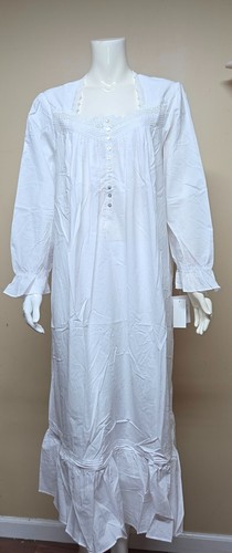 Eileen West Nachthemd weiß Langarm Spitzendetail lang Rüschen Damen Gr. L NEU