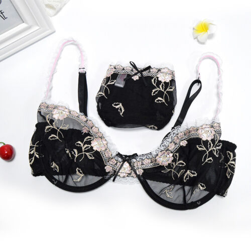 Unpadded Sheer Lace Bra Set See Through Thin Underwear Lingerie and Panties Set - Picture 11 of 26