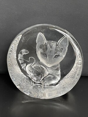 Mats Jonasson 山猫のクリスタル彫像 Mats Jonasson Kitty Cat With Ball Of Yarn Sculptured Crystal